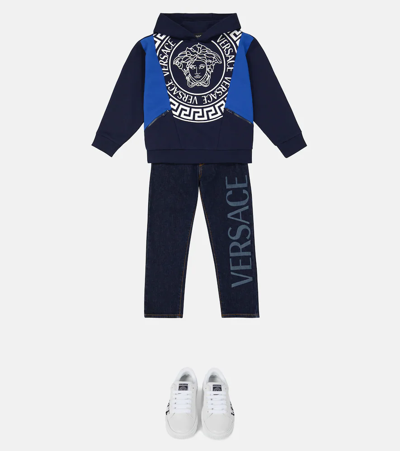 Shop Versace Medusa La Greca Jersey Hoodie In Navy+sapphire+bianco