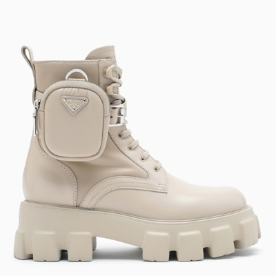 Shop Prada Cream Brushed Leather And Nylon Monolith Boots In Beige