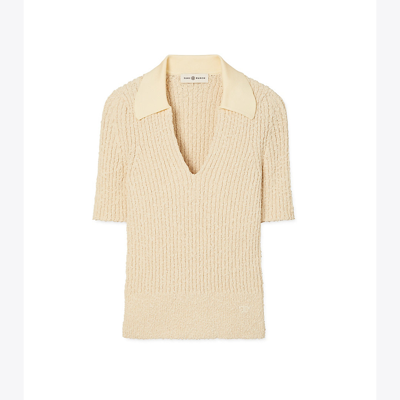 Shop Tory Burch Ribbed Knit Polo In Natural Ecru