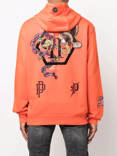 Shop Philipp Plein Embroidered Logo Hoodie In Orange