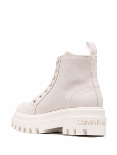 Shop Calvin Klein Canvas Lace-up Booties In Neutrals