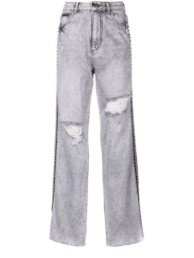 Shop Philipp Plein Crystal Ripped Straight Jeans In Grey