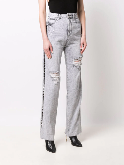 Shop Philipp Plein Crystal Ripped Straight Jeans In Grey
