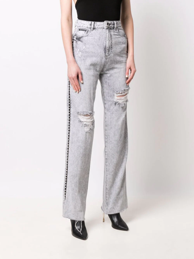 Philipp Plein Crystal Ripped Straight Jeans In Grey