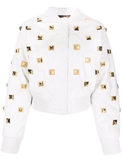 Shop Philipp Plein Studded Quilted Bomber Jacket In White