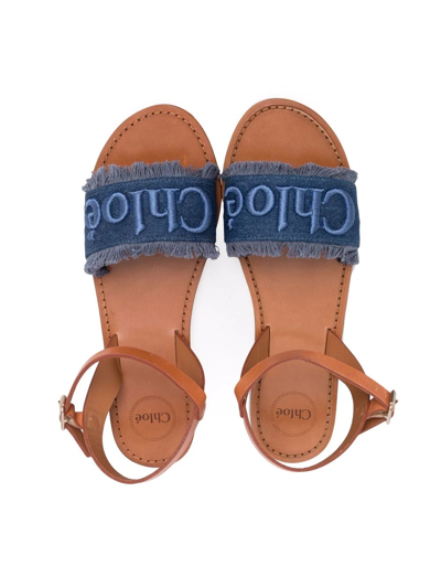 Shop Chloé Logo-embroidered Denim Sandals In Blue
