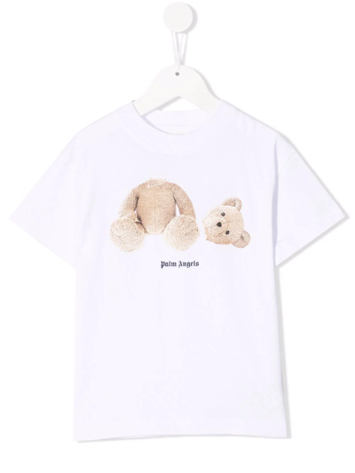 Palm Angels White T-shirt For Girl With Iconic Bear In White