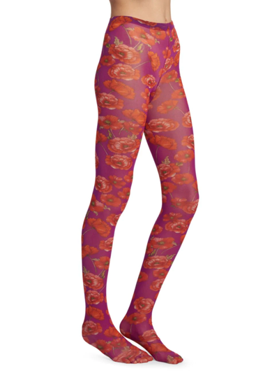 Shop Dolce & Gabbana Semi-sheer Floral Tights In Papaveri Fdo Viola