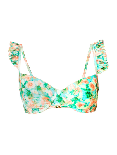 Shop Shoshanna Women's Ruffle Bikini Top In Watercolor Green Coral