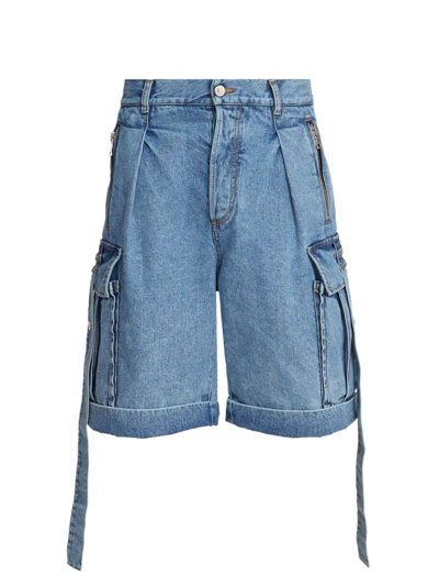 Shop Balmain Men's Cargo Strapped Denim Shorts In Blue