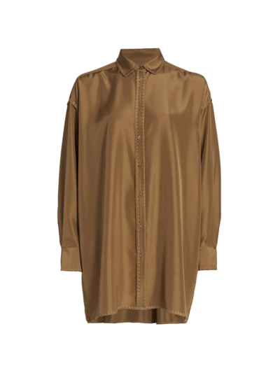 Shop Totême Women's Oversized Embroidered Silk Shirt In Camel