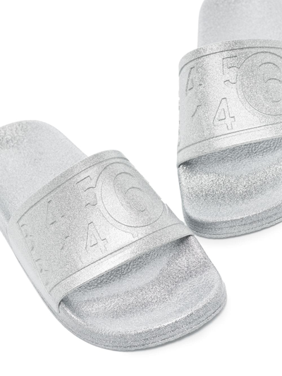 Shop Mm6 Maison Margiela Logo-debossed Glitter Slides In Silver