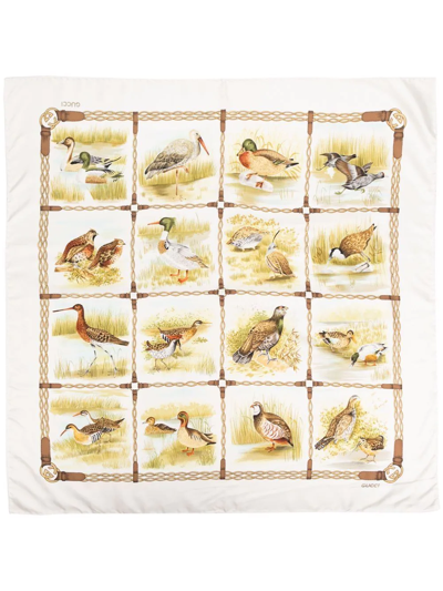 Pre-owned Gucci 1970s Bird-print Silk Scarf In White