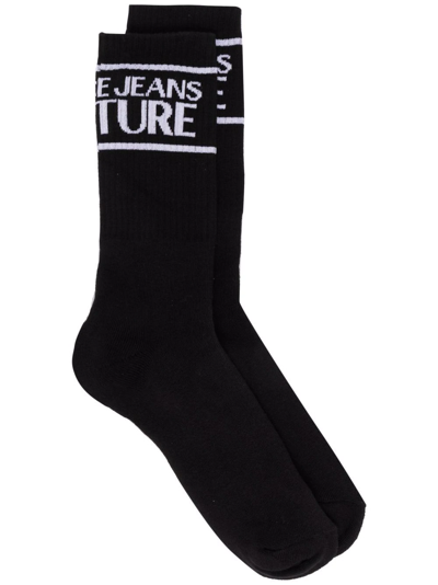 Shop Versace Jeans Couture Logo-print Ribbed Socks In Black