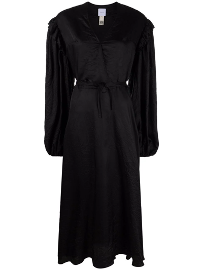 Shop Patou Balloon-sleeve Crinkled-effect Midi Dress In Black
