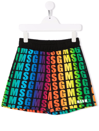 Msgm Teen Rainbow Logo-print Shorts In Black
