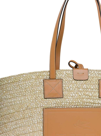 Shop Etro Beige Straw And Leather Shopper Bag With Logo