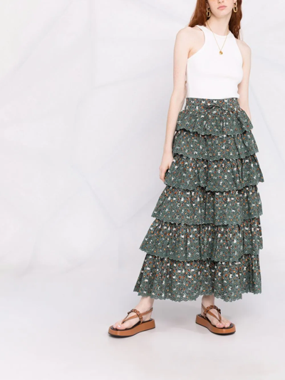 Shop Ulla Johnson Floral-print Ruffle Maxi Skirt In Grün