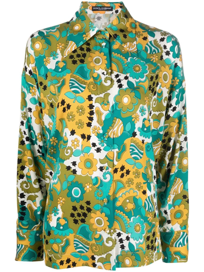 Shop Dolce & Gabbana Floral-print Pointed-collar Shirt In Grün