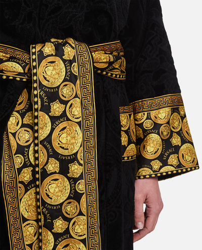 Shop Versace Baroque Cotton Bathrobe In Black