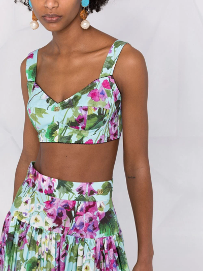 Dolce & Gabbana Floral-print Cotton-blend Poplin Bustier Top In Blau
