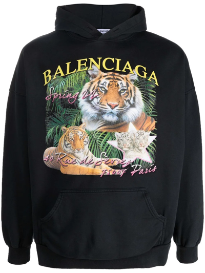 Shop Balenciaga Tiger Logo Print Hoodie In Schwarz