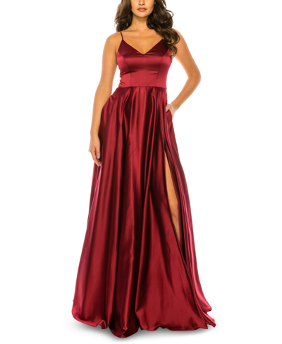 Shop B Darlin Juniors' V-neck Satin Gown, Created For Macy's In Wine