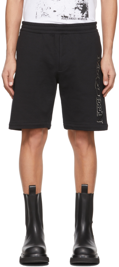 Shop Alexander Mcqueen Black Embroidered Logo Shorts In 1000 Deep Black