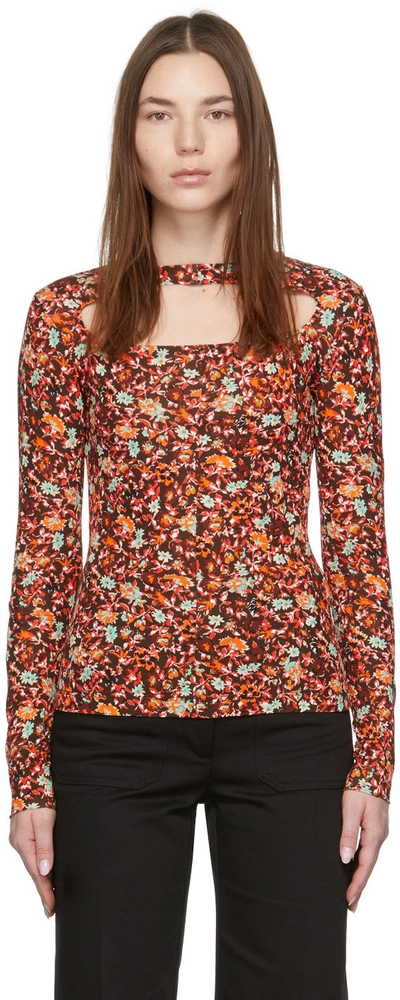 Shop Victoria Beckham Brown Floral Cut-out Blouse In Brown/orange/turquoi