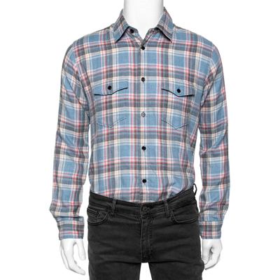 Pre-owned Saint Laurent Blue Checkered Cotton Button Front Shirt M