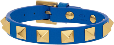 Shop Valentino Blue Leather Rockstud Bracelet In Bermuda Blue