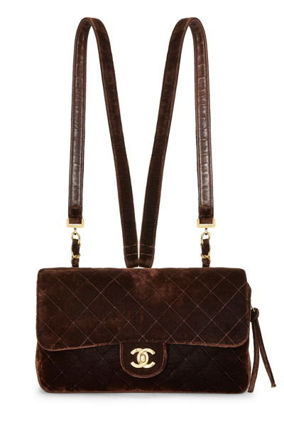 CHANEL Classic Flap Backpack Bag Quilted Chain Velvet Brown 74286