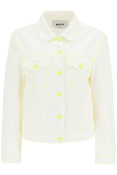 Shop Msgm Denim Jacket With Fluorescent Stiching In Mixed Colours