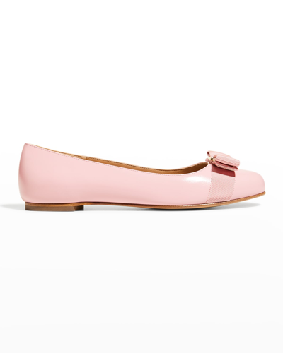 Shop Ferragamo Varina Patent Bow Ballerina Flats In Gomma