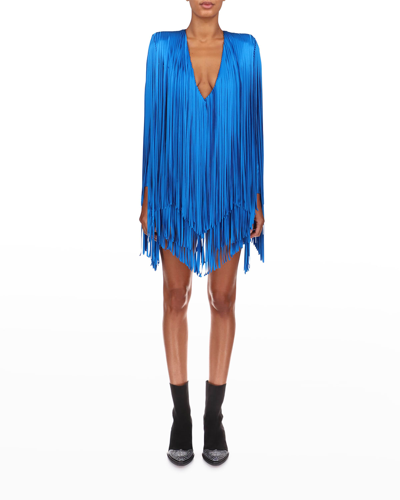 Shop Alexandre Vauthier Strong-shoulder Fringe Mini Dress In Capri Blue