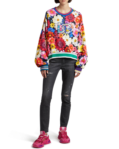 Shop Dolce & Gabbana Brocade Logo Patch Floral-print Sweatshirt In Black Prt