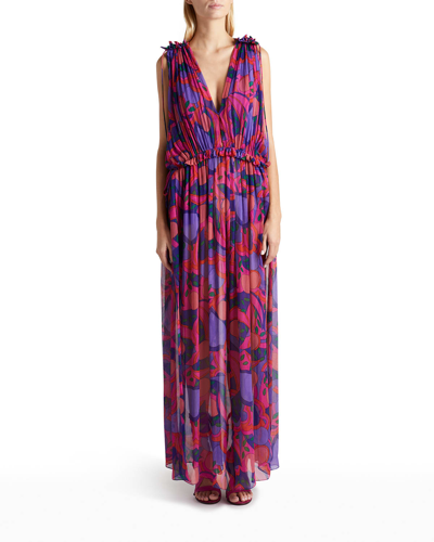 Shop Isabel Marant Alsaw Plunging Ruched Crinkle Silk Maxi Dress In Pink