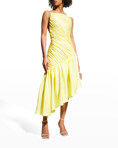 Shop Rasario Asymmetric Draped Linen Midi Dress In Yellow