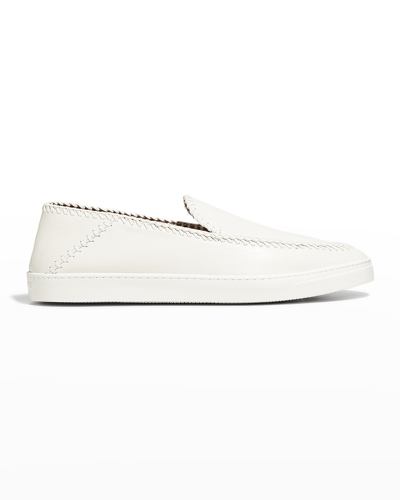 Shop Giorgio Armani Men's Woven Leather Slip-on Sneakers In Cream