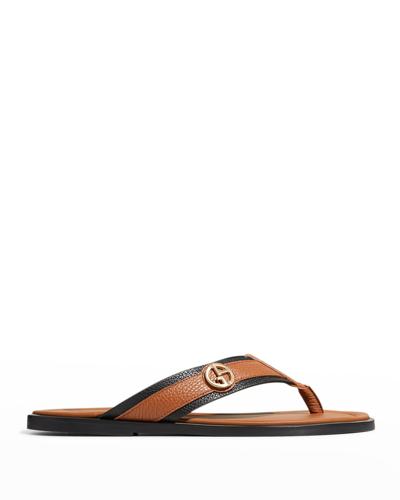 Shop Giorgio Armani Men's Leather Logo Thong Sandals In Tan