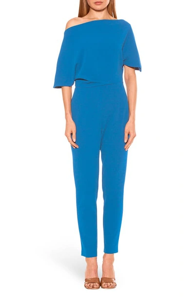 Shop Alexia Admor Draped One-shoulder Jumpsuit In Denim Blue