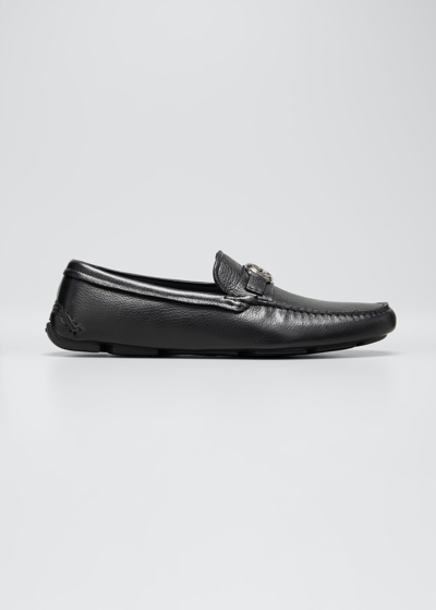 Shop Giorgio Armani Men's Monogram Leather Drivers In Solid Black