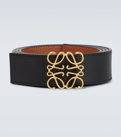 Shop Loewe Anagram Leather Belt In Tan/black/gold