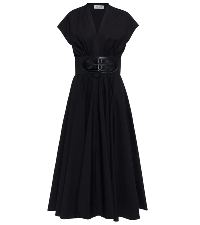 Shop Alaïa Belted Cotton Poplin Midi Dress In Noir