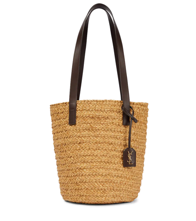 Shop Saint Laurent Panier Small Raffia Bucket Bag In Naturale/nut