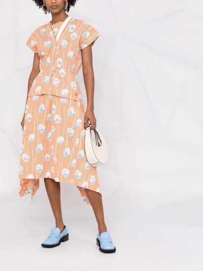 Kenzo Graphic-floral Print Gingham Midi Dress In Orange