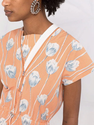 Shop Kenzo Graphic-floral Print Gingham Midi Dress In Orange