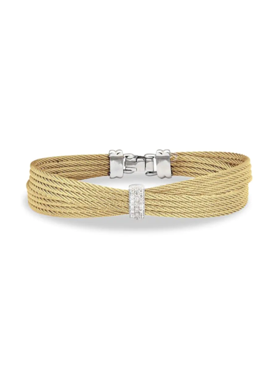Shop Alor Women's Classique Two Tone Stainless Steel, 18k White Gold & Diamond Bangle Bracelet