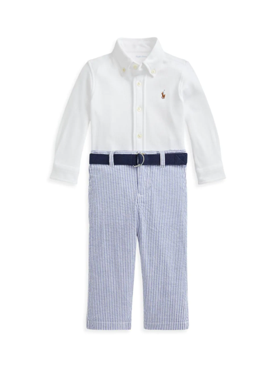 Shop Ralph Lauren Baby Boy's Shirt, Belt & Seersucker Pants Set In White