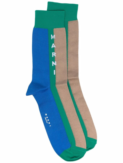 Shop Marni Logo-print Colour-block Socks In Blue
